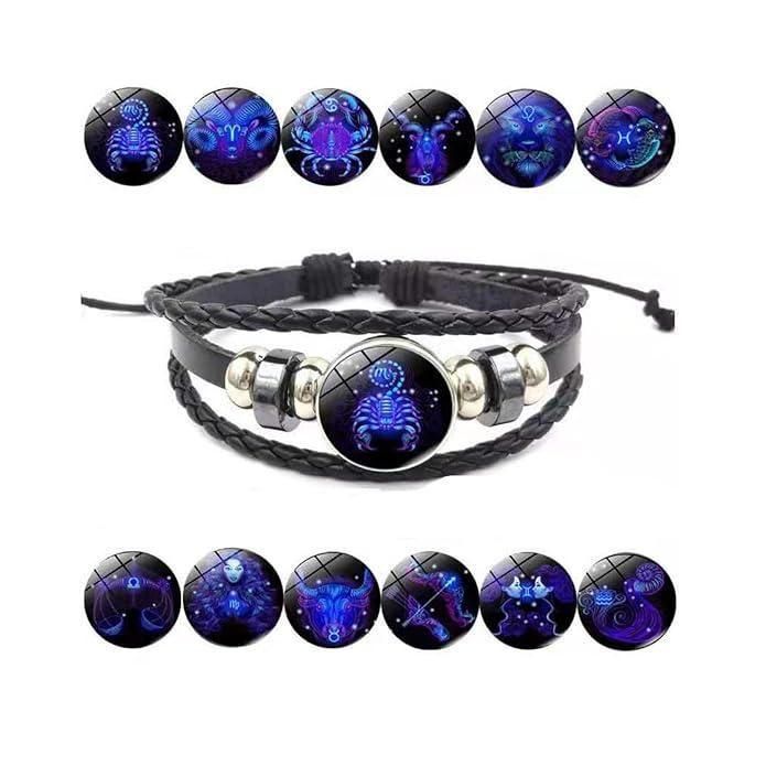 Zodiac Constellation Braided Design Black Leather Bracelet Adjustable